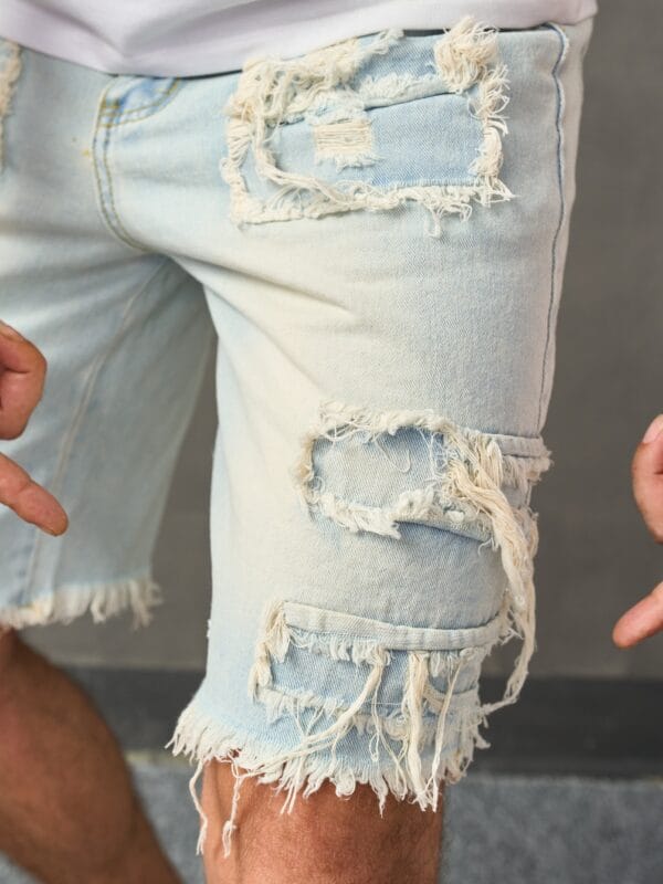 Men's Distressed Denim Shorts - Casual Mid-Length with Raw Hem, Solid Color Sky Blue, Cotton Blend, Machine Washable