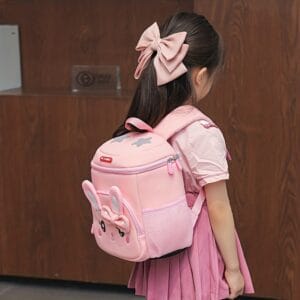 Adorable Pink Bunny Backpack for Girls with Bow Detail - Lightweight, Fabric, Adjustable Straps, Zip Closure - Perfect for Kindergarten & School