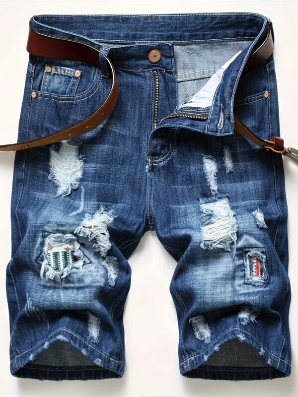 Men'S Non-Stretch Faux Denim Shorts - Loose Fit Distressed Faux Denim with Random Patchwork, Mid-Length Casual Pants for Everyday & Formal Outfits - No Belt Included, Faux Denim Shorts, Streetwear Style, Trendy Fashion, Sturdy Construction, Streetwear Lovers, Summer Fashion, Vintage Style, Durable Fabric, Urban Style