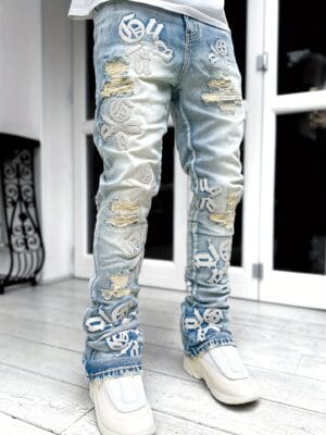 Men's Straight Jeans with Leather And Embroidered Letters