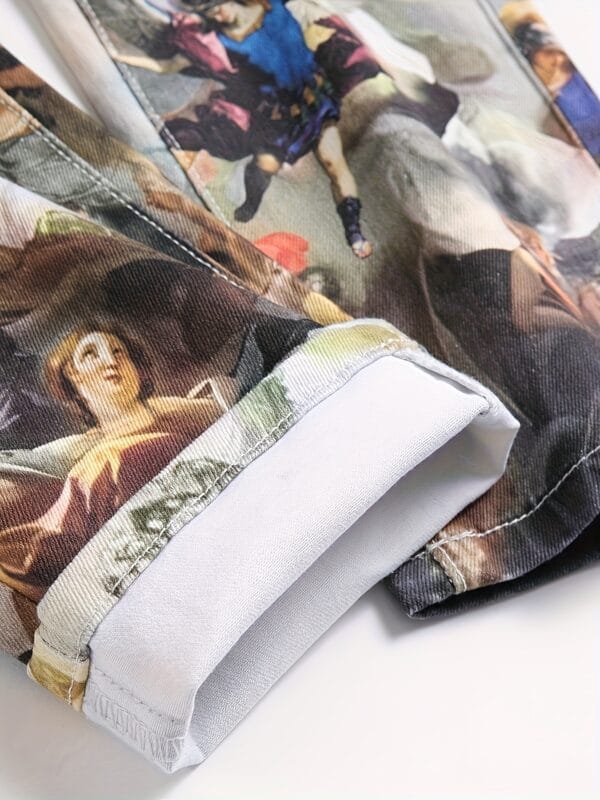 [Popular Choice] 1pc Men's Vintage Renaissance Angel Print Skinny Jeans, Mid Waist Denim with Zipper Fly, Casual Weekend Wear, Washed Detail, Regular Length, Oil Painting, European Art, Fashion Style, Leisure Outing Occasion, Cultivate The Body Version, Spring/Autumn, Fashion Style, Leisure Outing Occasion, Cultivate The Body Version, Spring/Autumn