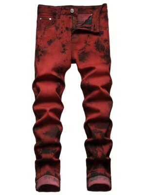 Men'S Skinny Faux Denim - Vintage Distressed Red - Non-Standard Fit Mid-Rise Pants - All-Season Casual Streetwear - Machine Washable Faux Denim Faux Denim for Everyday & Formal Outfits, Low Waisted Faux Denim, Versatile Clothing, Unique Pattern Design, Durable Fabric, Urban Fashion, Trendy Design, Sturdy Construction, Fashion Enthusiasts