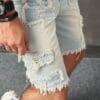 Men's Distressed Denim Shorts - Casual Mid-Length with Raw Hem, Solid Color Sky Blue, Cotton Blend, Machine Washable
