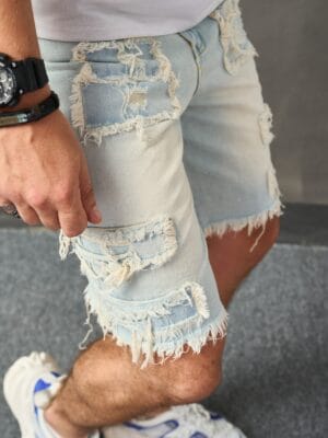 product-Fancyalgo-VirtualModelMatting-976bd53064ae2d939ced6f17265135ac Men's Distressed Denim Shorts - Casual Mid-Length with Raw Hem, Solid Color Sky Blue, Cotton Blend, Machine Washable