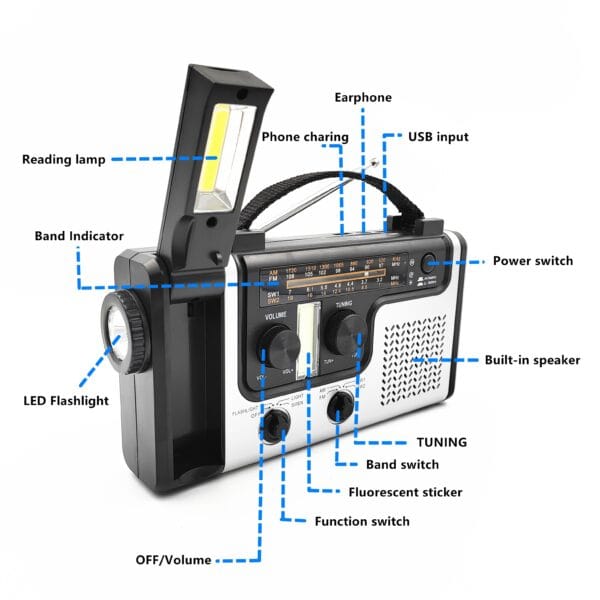 Emergency solar hand crank power emergency radio AM/FM/SW multi-band with LED flashlight, reading lamp, alarm, and mobile phone charging function.