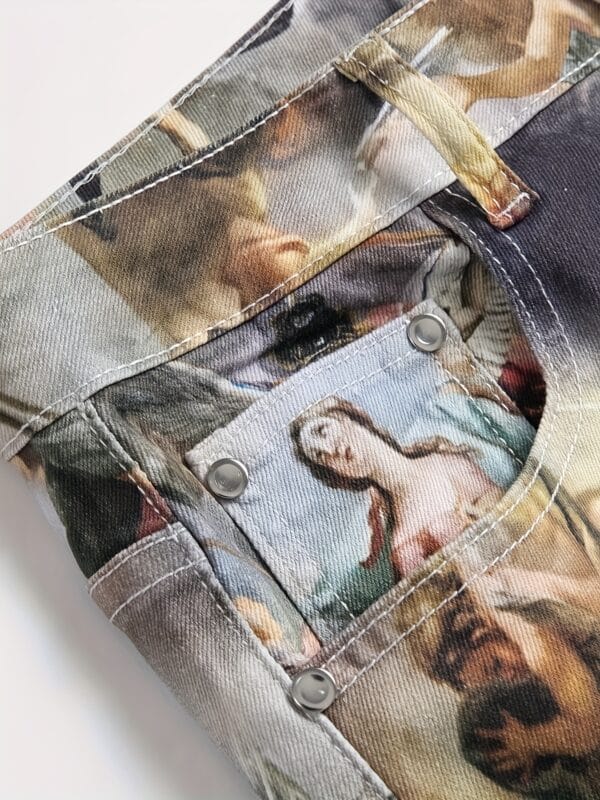 [Popular Choice] 1pc Men's Vintage Renaissance Angel Print Skinny Jeans, Mid Waist Denim with Zipper Fly, Casual Weekend Wear, Washed Detail, Regular Length, Oil Painting, European Art, Fashion Style, Leisure Outing Occasion, Cultivate The Body Version, Spring/Autumn, Fashion Style, Leisure Outing Occasion, Cultivate The Body Version, Spring/Autumn