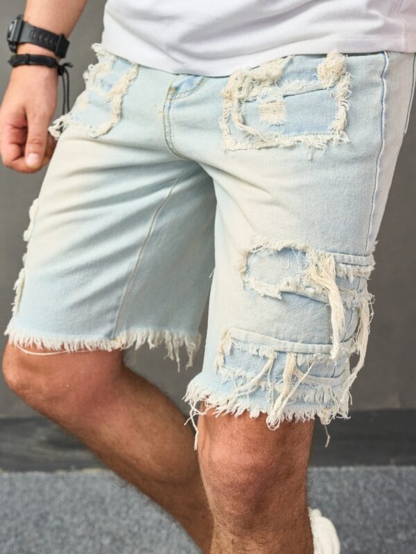 Men's Distressed Denim Shorts - Casual Mid-Length with Raw Hem, Solid Color Sky Blue, Cotton Blend, Machine Washable