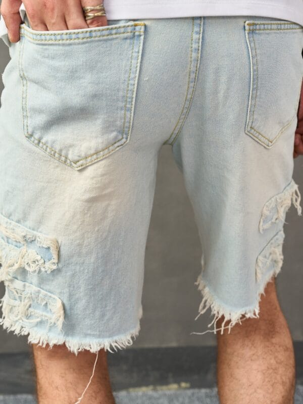 Men's Distressed Denim Shorts - Casual Mid-Length with Raw Hem, Solid Color Sky Blue, Cotton Blend, Machine Washable