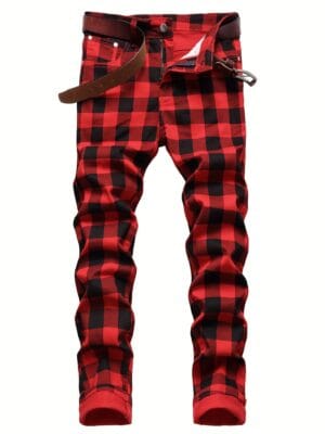Men's Plaid Pattern Slim Fit And Cuffed Denim Jeans With Multiple Pockets, Classic And Chic Pants For All Seasons Leisurewear