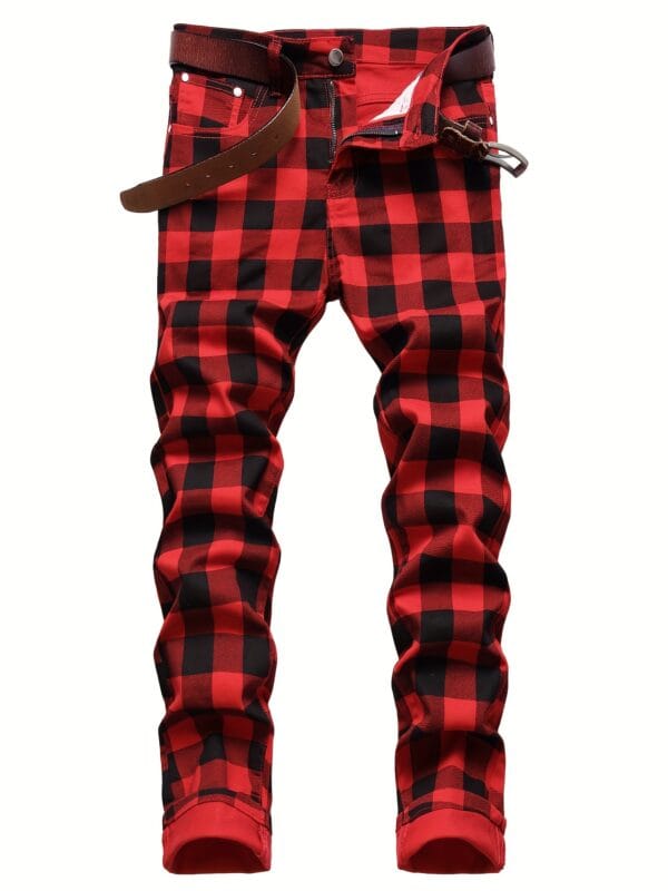 product-Fancyalgo-VirtualModelMatting-c8c236046a3d17813a98ceb04f559357 Men's Plaid Pattern Slim Fit And Cuffed Denim Jeans With Multiple Pockets, Classic And Chic Pants For All Seasons Leisurewear