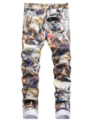 [Popular Choice] 1pc Men's Vintage Renaissance Angel Print Skinny Jeans, Mid Waist Denim with Zipper Fly, Casual Weekend Wear, Washed Detail, Regular Length, Oil Painting, European Art, Fashion Style, Leisure Outing Occasion, Cultivate The Body Version, Spring/Autumn, Fashion Style, Leisure Outing Occasion, Cultivate The Body Version, Spring/Autumn