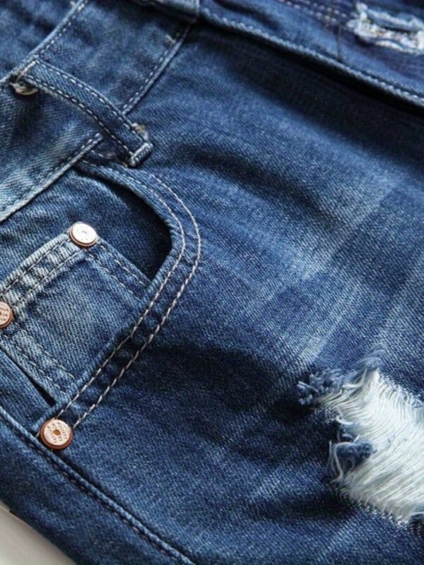 Men'S Non-Stretch Faux Denim Shorts - Loose Fit Distressed Faux Denim with Random Patchwork, Mid-Length Casual Pants for Everyday & Formal Outfits - No Belt Included, Faux Denim Shorts, Streetwear Style, Trendy Fashion, Sturdy Construction, Streetwear Lovers, Summer Fashion, Vintage Style, Durable Fabric, Urban Style