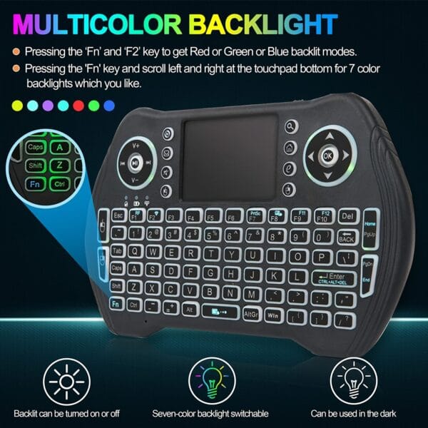 MXQ Backlit Mini Wireless Keyboard Touchpad Mouse Combo Remote Control, Rechargeable Li-ion Polymer Battery, 300mAh, USB Charging, 2.4G/3G/4G/5G, with Multimedia Keys, for Android TV Box, HTPC, PS3, Smart TV, PC, X-Box, Linux, Windows, MacOS