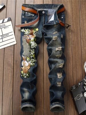 Men's Punk-Inspired Embroidered Tiger Head Jeans - Slim Fit, Stretch Denim with Pockets, Machine Washable