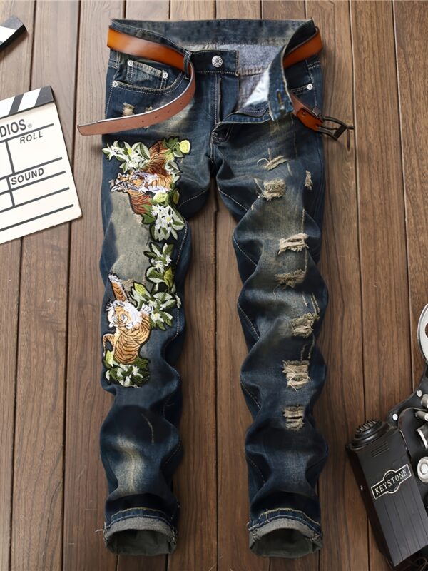 Men's Punk-Inspired Embroidered Tiger Head Jeans - Slim Fit, Stretch Denim with Pockets, Machine Washable