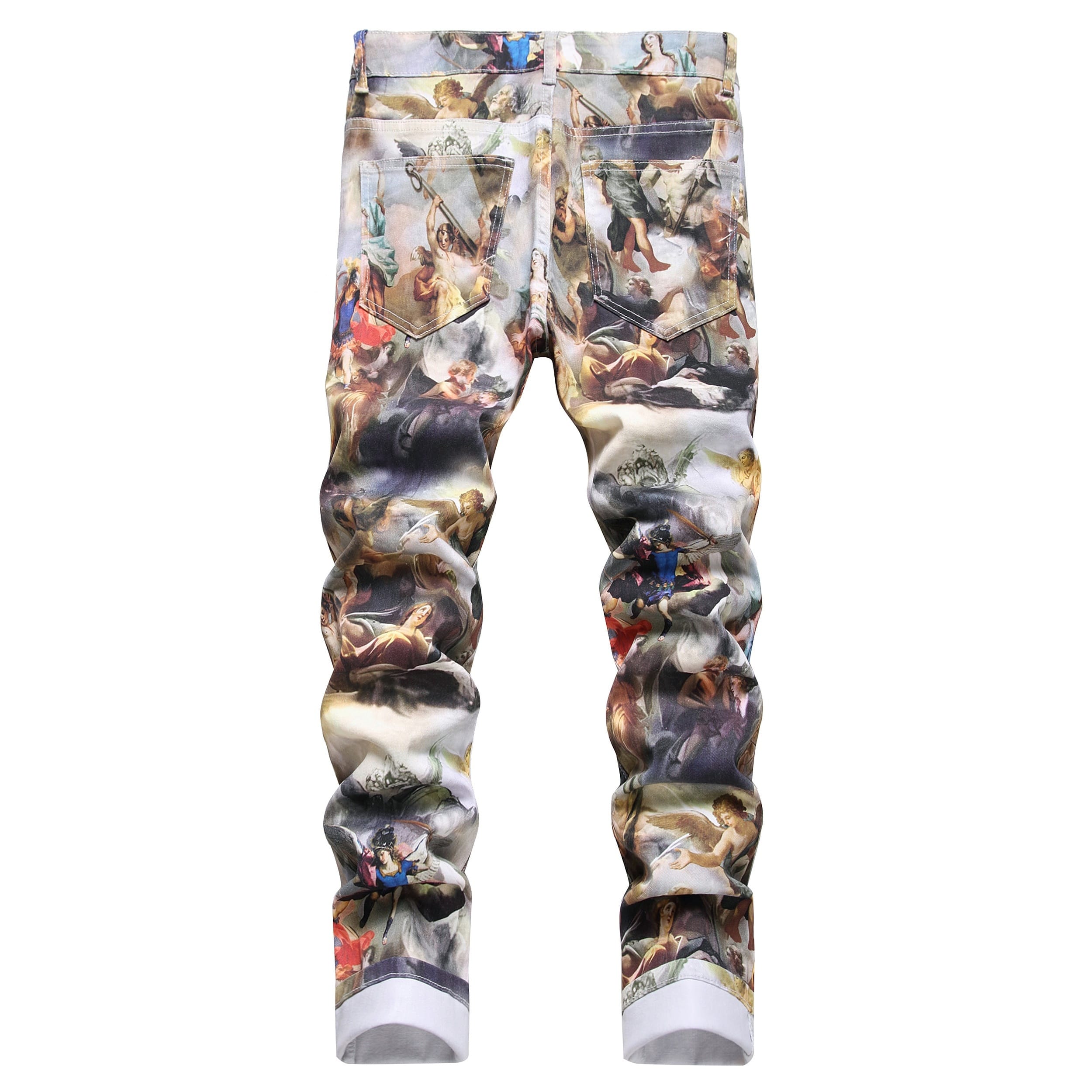 [Popular Choice] 1pc Men's Vintage Renaissance Angel Print Skinny Jeans, Mid Waist Denim with Zipper Fly, Casual Weekend Wear, Washed Detail, Regular Length, Oil Painting, European Art, Fashion Style, Leisure Outing Occasion, Cultivate The Body Version, Spring/Autumn, Fashion Style, Leisure Outing Occasion, Cultivate The Body Version, Spring/Autumn