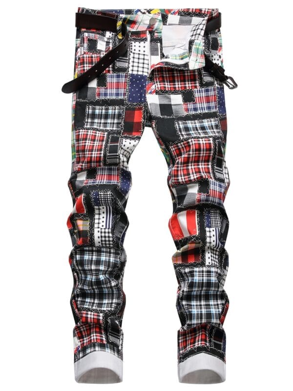 product-Fancyalgo-VirtualModelMatting-f6bc66f451097f9eda02a30aa5dfff21 Men's Skinny Jeans - Slim Fit Pants with Multi-Color Plaid Patterns (Red/Black/White/Blue/Gray/), No Belt Loops, Machine Washable for Party & Casual Attire - Teens & Adults, Streetwear Style, Bold Prints, Quality Stitching, Fashion Bottoms, Young Adults