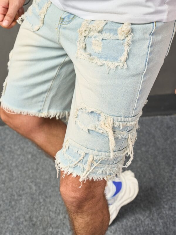 Men's Distressed Denim Shorts - Casual Mid-Length with Raw Hem, Solid Color Sky Blue, Cotton Blend, Machine Washable