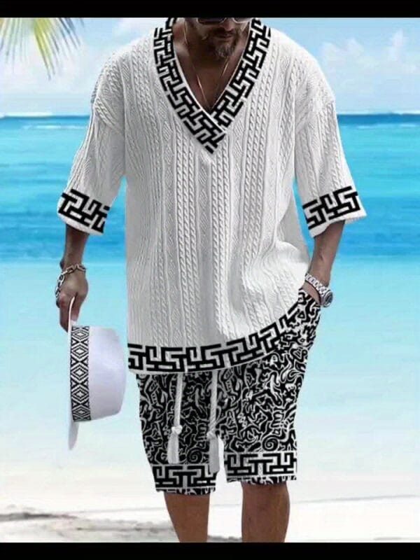 Men's casual vacation style set, white diamond patterned V-neck mid sleeved top paired with black and white geometric printed shorts