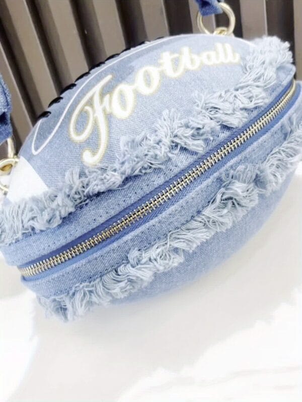 product-aec087811c6e6cf1a295e8897b8225d238e2e3a1.goods_.000001 Denim Football-Shaped Handbag with Fringe and Adjustable Strap - Blue, Casual Style, Zip Closure, PU Lining - Perfect for Football Fans