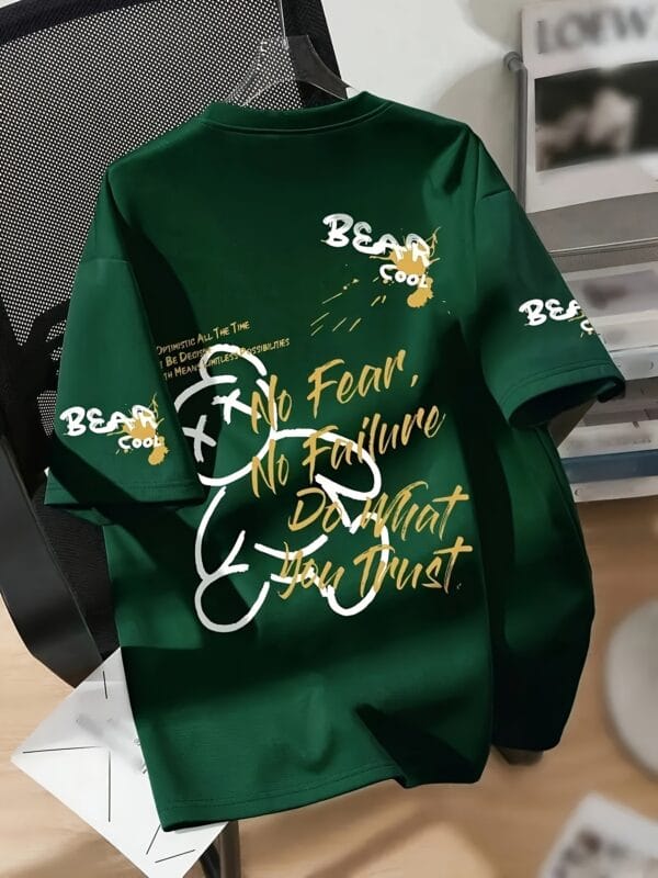 1pc Men's Casual Summer T-Shirt with Cartoon Bear & Slogan Graphic Print, Slightly Stretchy Round Neck Tee, Machine Washable, All-Season Comfort, Gift for Friends, Weekend Clothing, Bold Slogan Shirt, Comfortable Fit Shirt