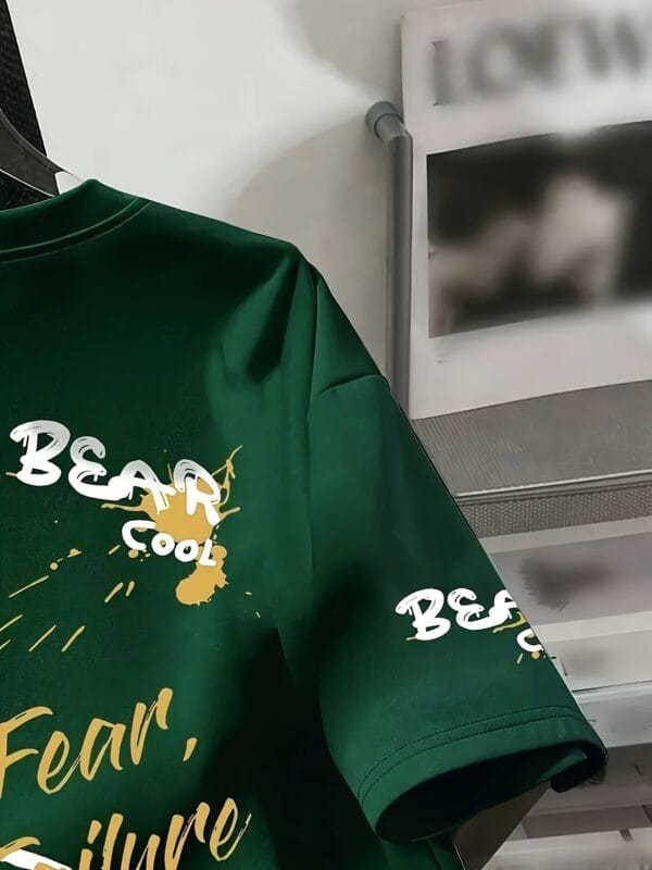 1pc Men's Casual Summer T-Shirt with Cartoon Bear & Slogan Graphic Print, Slightly Stretchy Round Neck Tee, Machine Washable, All-Season Comfort, Gift for Friends, Weekend Clothing, Bold Slogan Shirt, Comfortable Fit Shirt