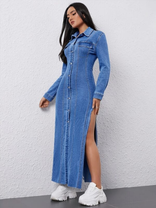 Women'S Stretchy Jeans-like Dress - Elegant Button-front closure, Stretchy denim-like fabric, Formal & Casual Outfits - All-Season Everyday to Party Wear - Women'S Fashion Dress, Versatile Outfit, Highelastic Material, Office Attire, Durable Construction, Fashion Lovers