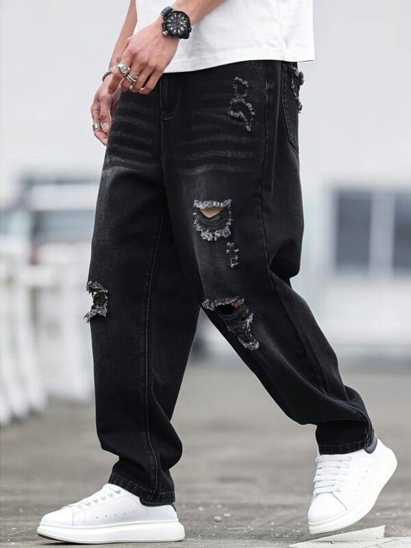 Men'S Casual Distressed Faux Denim Faux Denim - Relaxed Fit Water-Washed Ripped Detailing, Non-Stretch Durable Fabric, All-Season Versatile Style for Casual Attire, Comfortable Fashion, Classic Blue Wash, Quality Craftsmanship