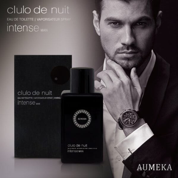 AuMEKA Clulo de Nuit Intense Men'S Eau de Toilette & Vaporisateur Spray Luxury Glass Bottle with Black Label, Woody Floral Scent, Sulfate-Free Perfume for Men, Sophisticated Design, Premium Packaging