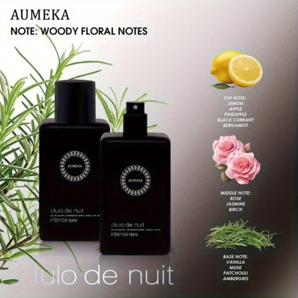 AuMEKA Clulo de Nuit Intense Men'S Eau de Toilette & Vaporisateur Spray Luxury Glass Bottle with Black Label, Woody Floral Scent, Sulfate-Free Perfume for Men, Sophisticated Design, Premium Packaging