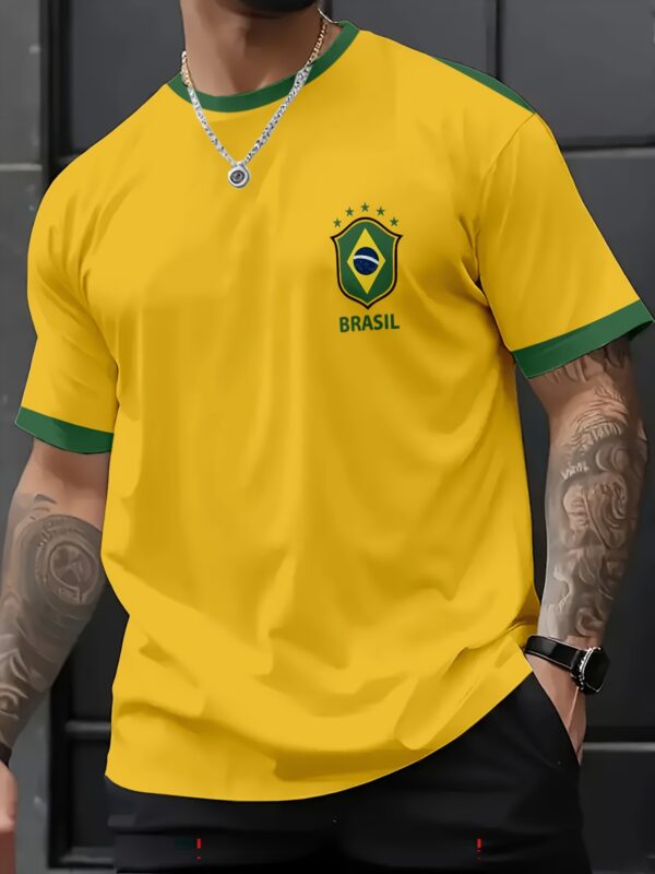 Men'S Brazil Soccer Jersey T-Shirt - Yellow with Green Trim, Breathable Polyester Fabric, Regular Fit, Ideal for Outdoor Activities & Casual Wear, Casual Wear Shirt | Sporty Design | Knit Construction, PLUS SIZE
