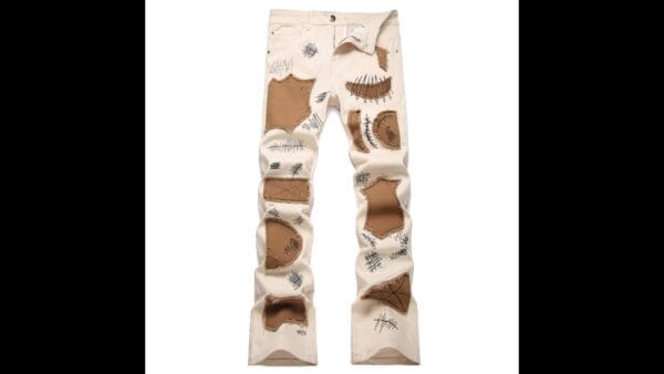 product-c2acc06415a6944a81058082b87b69f130bcc1db.goods_.000001 Men'S Slim-Fit Stretch Denim Jeans with Color-Block Brown Patches & Distressed Details - Casual Spring/Fall Trousers, Regular Length, Light Beige & Brown Contrast Design, Spring Fall Attire, Fashionforward Style, Durable Fabric