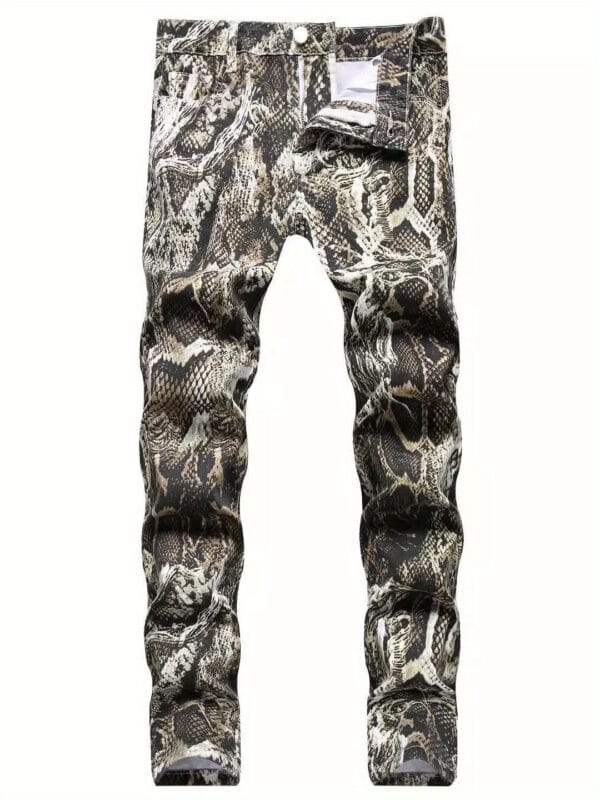 Men's Slim Fit Snake Print Jeans - Streetwear Animal Pattern Stretch Denim Pants for Concerts & Night Out, All-Season Comfort Regular Length Casual Trousers, Concertready Clothing, Streetstyle Attire, Stylish Snake Pattern, Sleek Fabric Construction