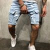 Men'S Light Blue Distressed Faux Denim Shorts - Classic Five-Pocket Design, Stretch Faux Denim for Everyday & Formal Outfits - Casual Streetwear Essentials, Faux Denim Shorts, Relaxed Fit, Ripped Detailing, Comfortable Wear, Street Style, Vintage Aesthetic, Durable Fabric, Young Adults