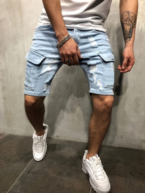 Men'S Light Blue Distressed Faux Denim Shorts - Classic Five-Pocket Design, Stretch Faux Denim for Everyday & Formal Outfits - Casual Streetwear Essentials, Faux Denim Shorts, Relaxed Fit, Ripped Detailing, Comfortable Wear, Street Style, Vintage Aesthetic, Durable Fabric, Young Adults