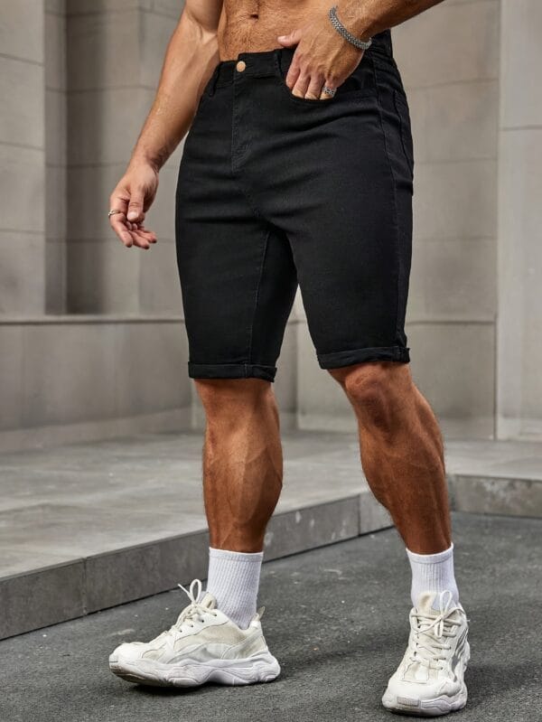 Y2K-Inspired Men'S Slim Fit Tapered Denim Shorts - Black, Casual & Street Style, Knee-Length with Pockets, Stretch Fabric, Perfect Gift for Husband or Boyfriend