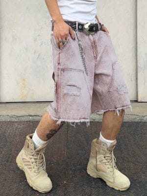 Men's Loose Fit Distressed Denim Shorts with Raw Hem & Flap Pockets - Knee-Length Street Style, No Belt/Accessories Included, Jean Shorts, Casual Outerwear, Patchwork Detailing, Solid Color Design