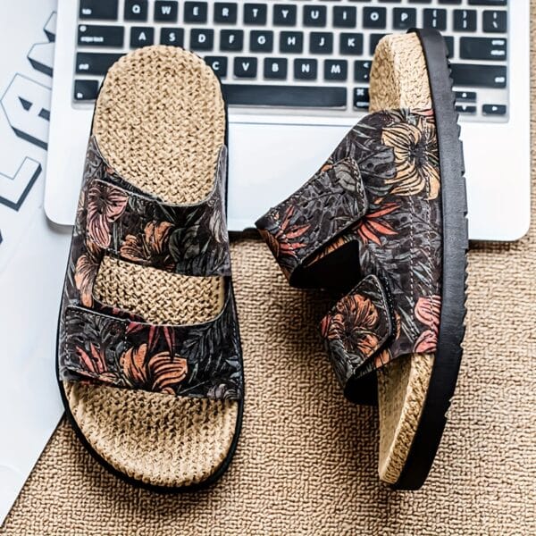 Men's Slip-On Sandals - Tropical Floral beach shoes with Quick-Dry PU Upper & Cushioned EVA Insole - Non-Slip PVC Sole for Pool, Vacation, Casual Outdoors - Slip Resistant Footwear Brown/Green/Red/Blue/Black/Orange/White/ - Lightweight Summer Footwear for Men, Poolside Footwear, Stylish Slipons, Durable Trivet Sole, Vacation Slides, Trendy Slides, Breathable Slides, Outdoor Enthusiasts