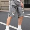 product-fancy-0713af8f-e98b-46de-90dd-d23bc2509073 Men's Summer Lightweight Denim Shorts - Knee-Length Relaxed Fit Distressed Casual Shorts with Portrait Print, 52% Blend, Hand Wash Only
