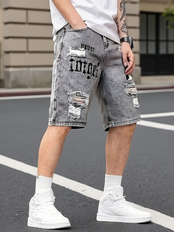 product-fancy-0713af8f-e98b-46de-90dd-d23bc2509073 Men's Summer Lightweight Denim Shorts - Knee-Length Relaxed Fit Distressed Casual Shorts with Portrait Print, 52% Blend, Hand Wash Only