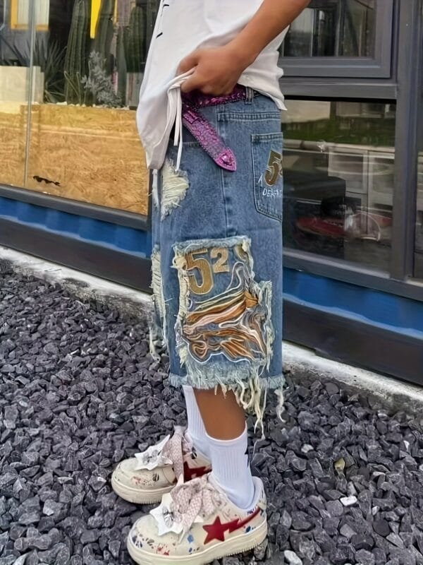 product-fancy-077104a1-44a1-4768-a049-d53bc825423a Men'S Plus Size Distressed Faux Denim Shorts with Frayed Hem & Geometric Embroidery - Casual Relaxed Fit, Non-Stretch Faux Denim, Functional Pockets, Edgy Streetwear Style for Summer Outfits, Faux Denim Shorts, Durable Fabric, PLUS SIZE