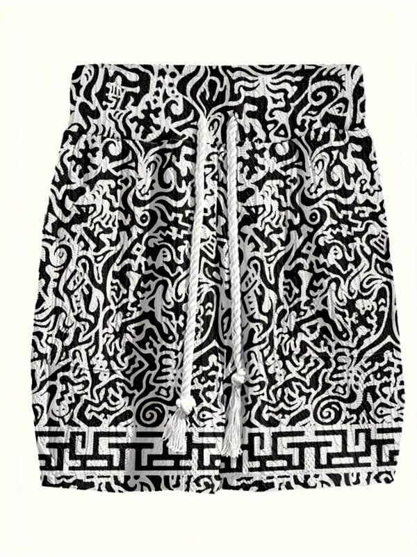 Men's casual vacation style set, white diamond patterned V-neck mid sleeved top paired with black and white geometric printed shorts