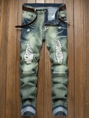 Men's Slim-Fit Distressed Denim Jeans with Stretch Comfort - Creative Ripped & Tie-Dye Design, Machine Washable Casual Pants for All-Season Wear