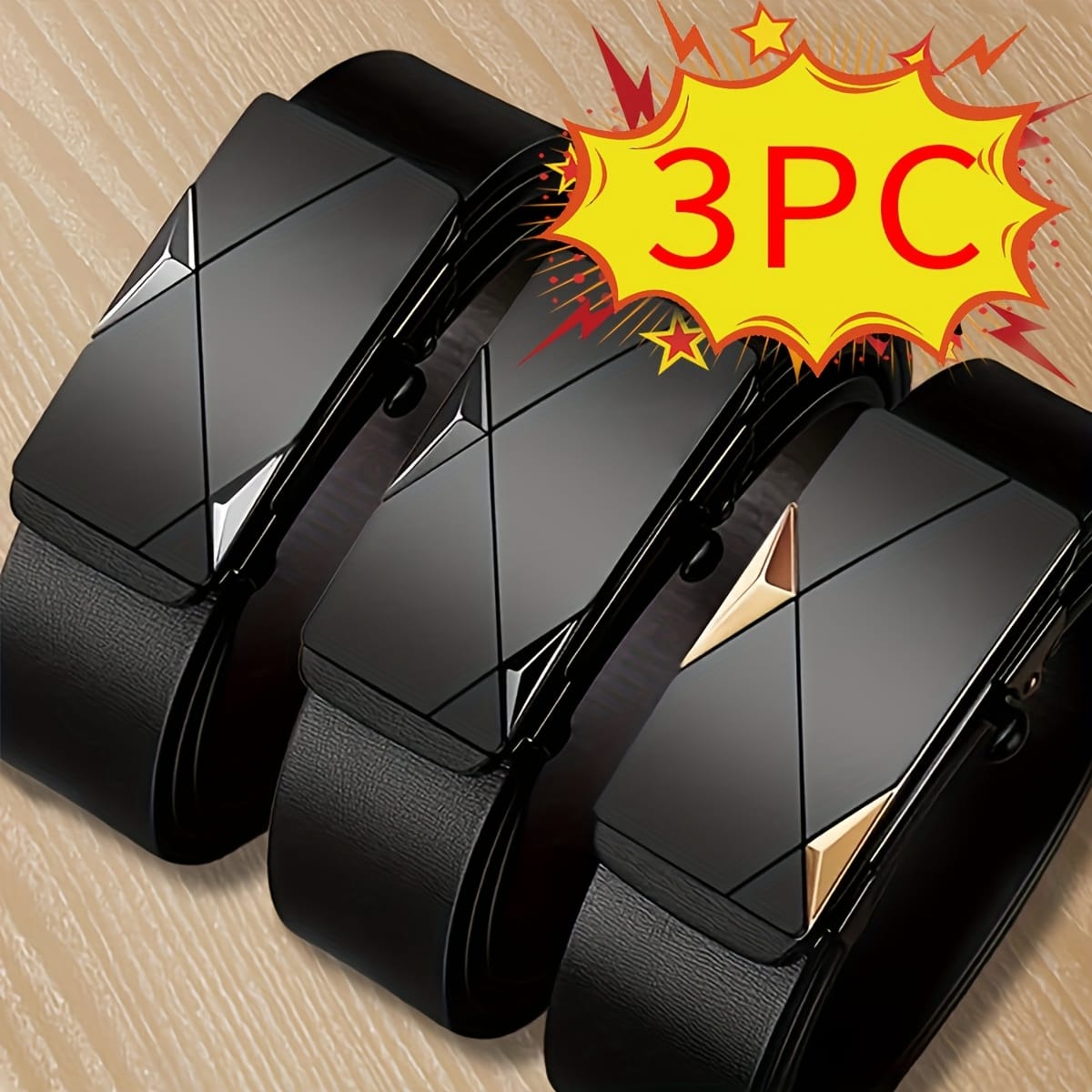 3pcs Men'S Automatic Buckle Belts - Black PVC, Non-Textile, Large Size, Business Casual Style, No-Loop Design, 2024 New Collection, Business Casual Belts | Sleek Belt Design | Durable PVC Belts