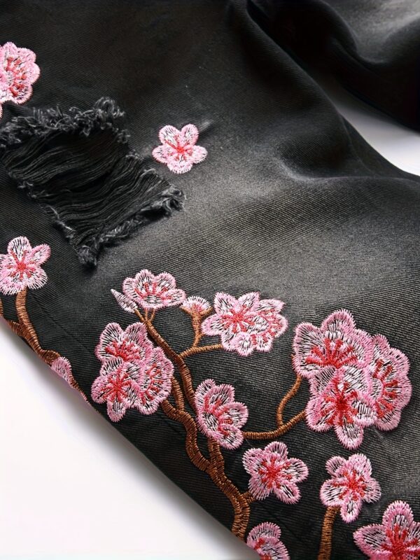 Cross-border New Men's European and American Street Fashion Loose Wide-Leg Non-Stretch Floral Embroidery Denim Flare Pants