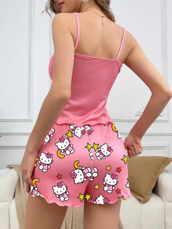 Sanrio Hello Kitty Cartoon Print Casual Sleepwear Set with Camisole Top and Shorts, Comfortable Loose Summer Fit