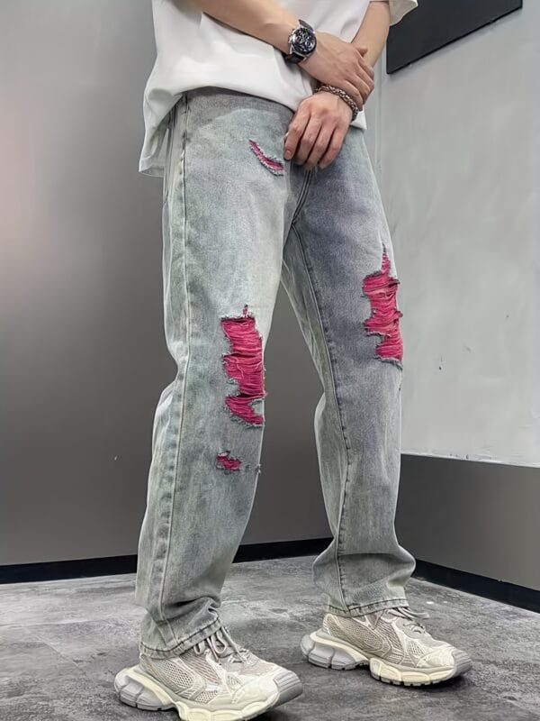Men's Vintage Distressed Jeans - Non-Stretchy Straight-Leg Relaxed Fit Pants with Washed-Out Blue Denim Look, Machine Washable Streetwear for Casual Outfits & Concerts - Edgy Retro Jeans for Casual Attire, Denim Jeans, Concert Attire, Nonstretch Fabric