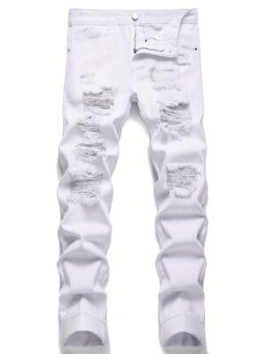 Men'S Trendy White Distressed Straight-Leg Jeans - Casual Ripped Denim Pants with Frayed Details, Non-Stretch Fabric, Regular Fit for All-Season Wear, Allseason Jeans | Casual Style | Nonstretch Fabric