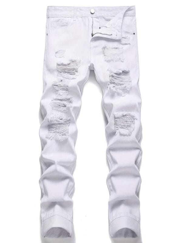 product-fancy-0a80883e-d4de-4773-ba8f-d74ddbb59bd2 Men'S Trendy White Distressed Straight-Leg Jeans - Casual Ripped Denim Pants with Frayed Details, Non-Stretch Fabric, Regular Fit for All-Season Wear, Allseason Jeans | Casual Style | Nonstretch Fabric