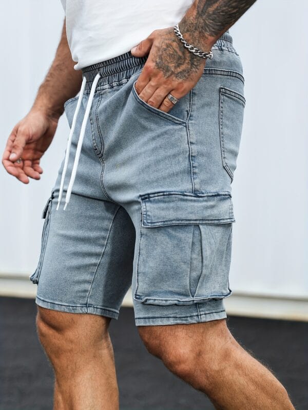 Men'S Casual Denim Shorts with Drawstring Waist, Multiple Pockets, and Button Closure - Light Blue, Regular Fit, Medium Stretch, Summer Casual Wear, Casual Summer Wear | Button Closure Shorts | Medium Stretch Fabric